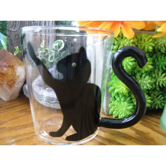 New Hand Painted Black Cat & Bats Clear Glass Tea Coffee Mug Cup w/ Tail Handle - Picture 1 of 9